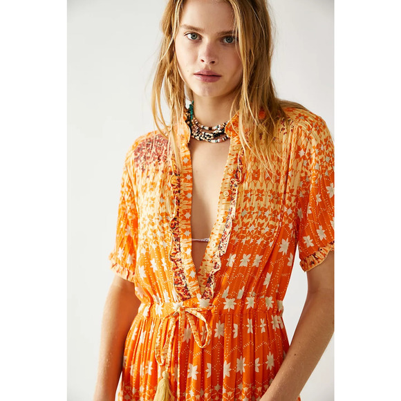 New Free People Rare Feelings Tiered Maxi Dress $148 X-SMALL Orange Boho Floral - Picture 3 of 9